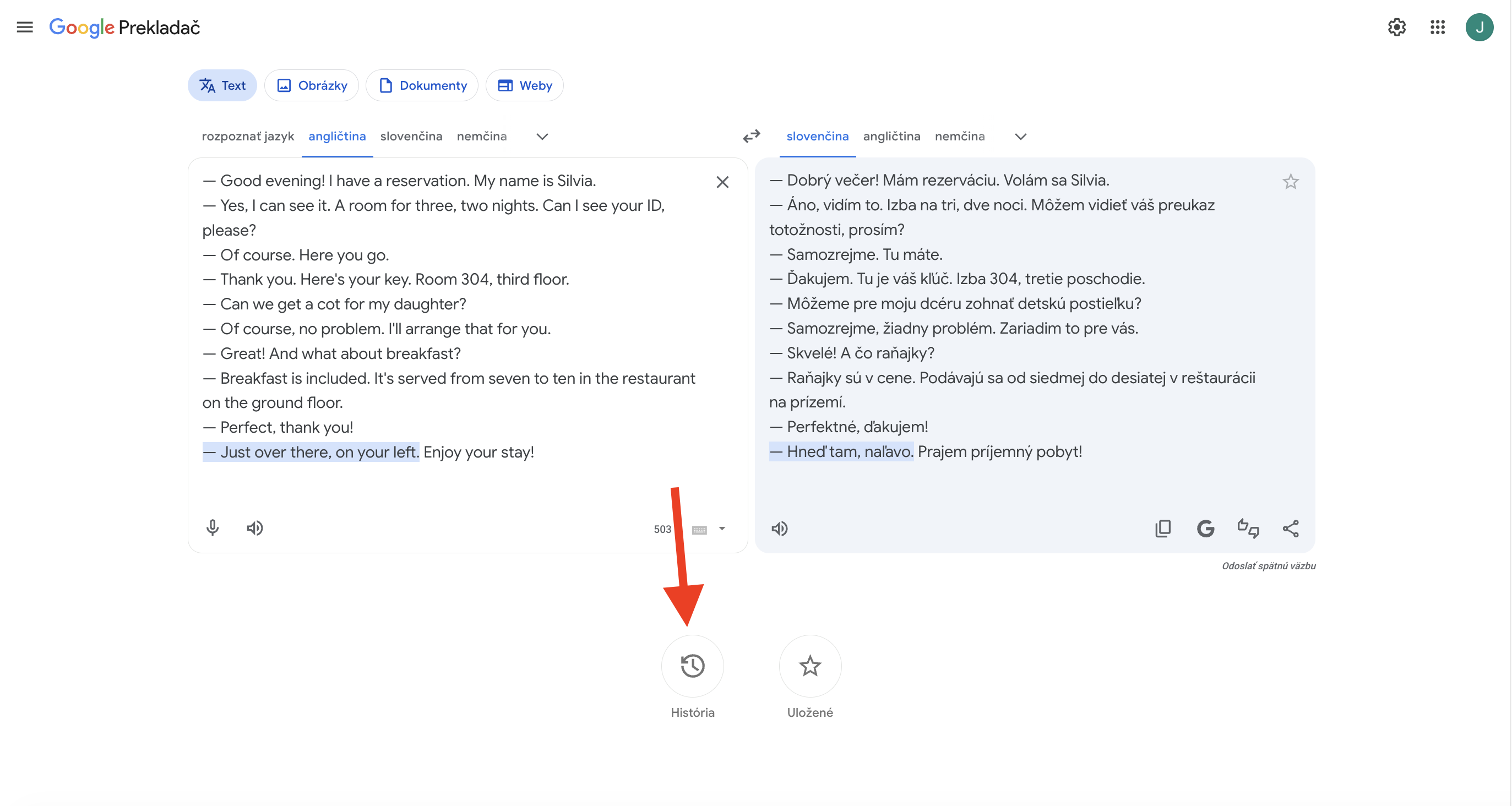 Google Translate — šípka ukazuje na ikonku História dole, kde nájdete včerajší text