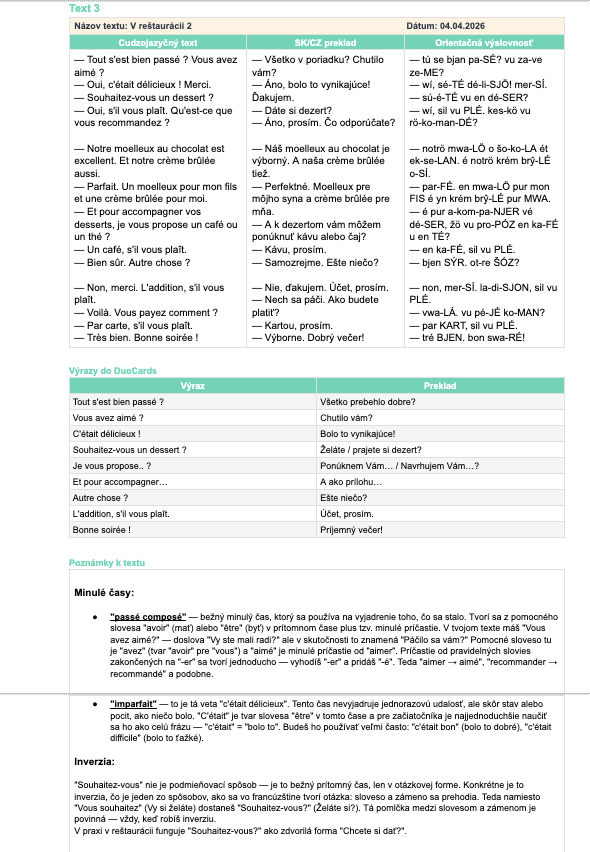 Reálny Zápisník od klientky — text, spätné preklady, výrazy do DuoCards a gramatické poznámky