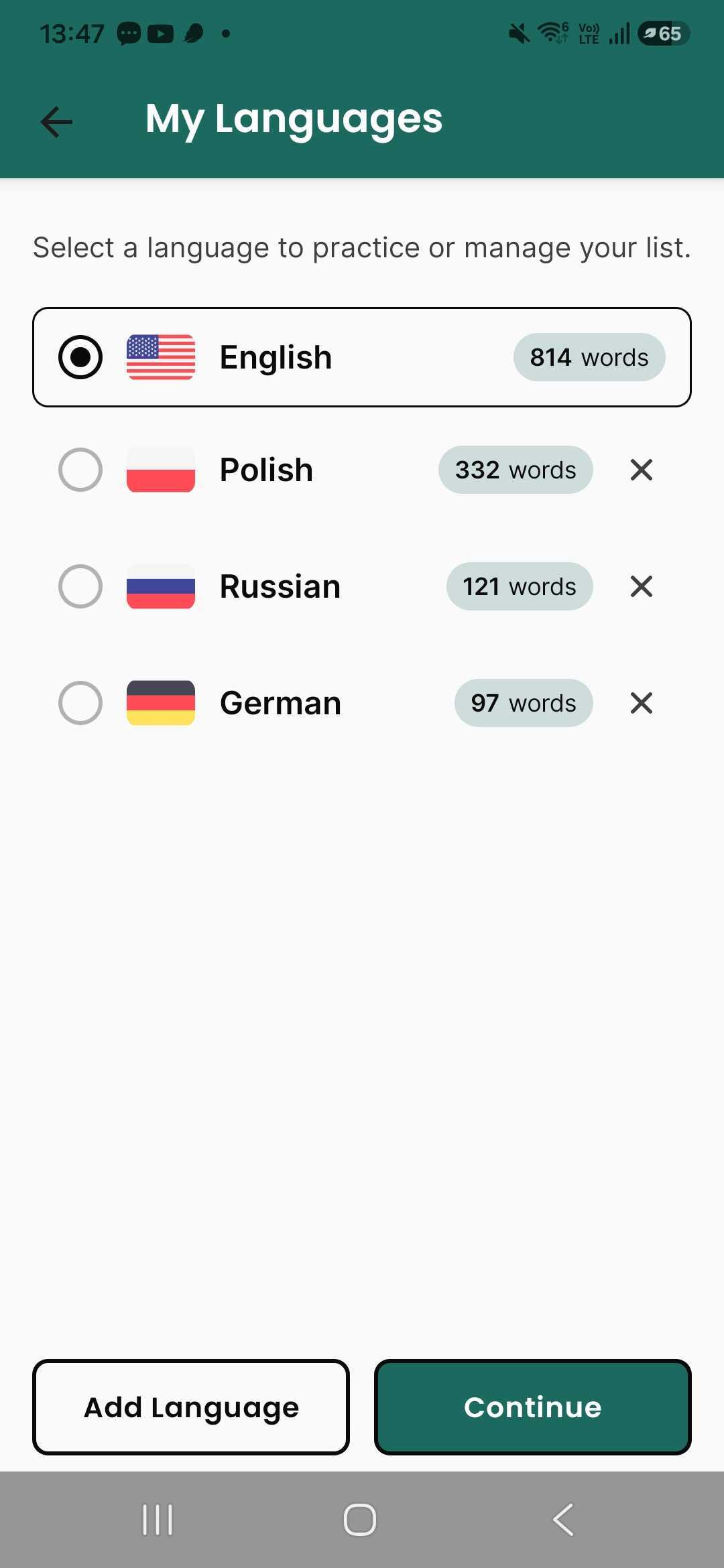 Hlavná obrazovka LydkaSpeak — výber jazyka vľavo hore