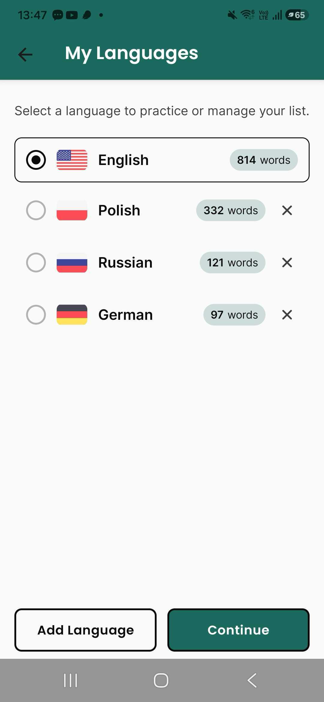 Hlavná obrazovka LydkaSpeak — výber jazyka vľavo hore