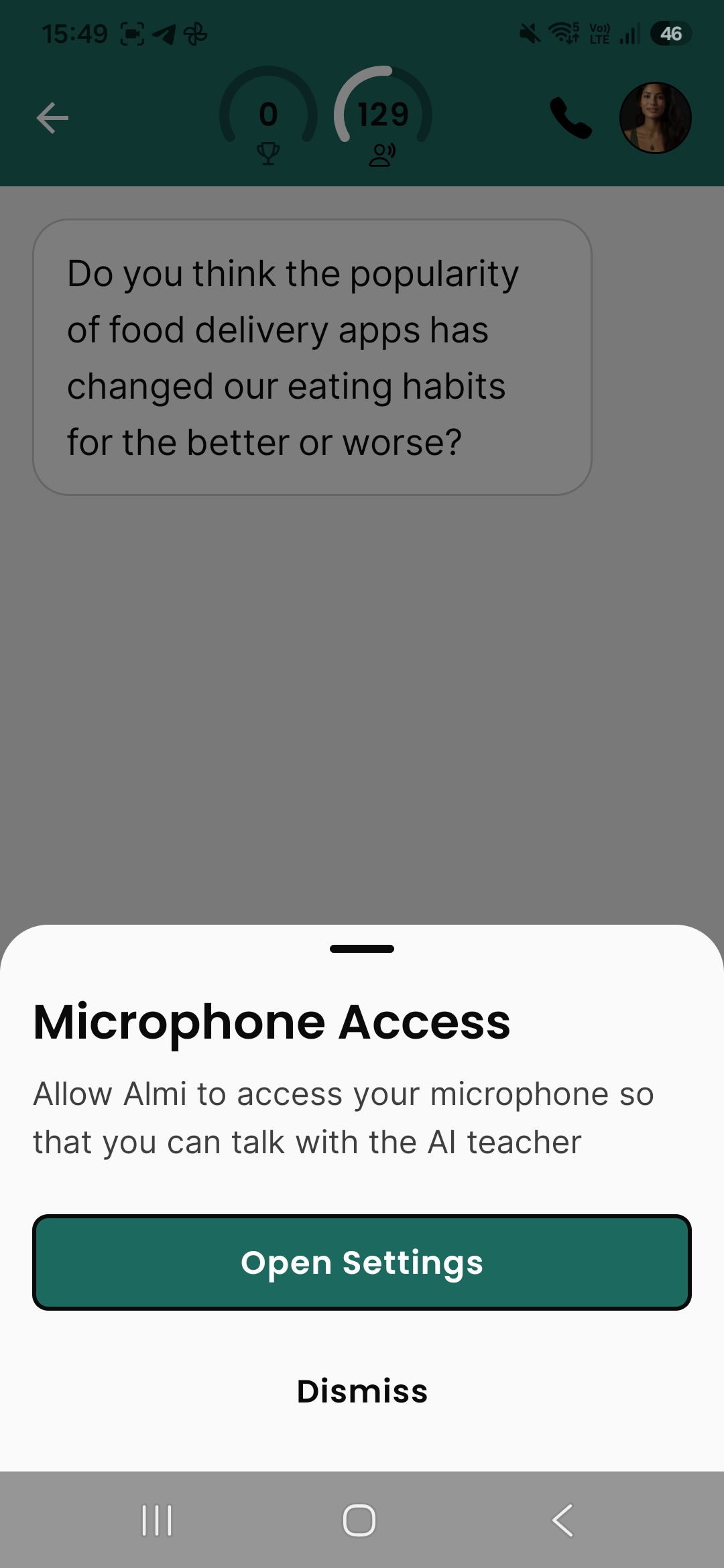 Microphone Access dialóg — Open Settings