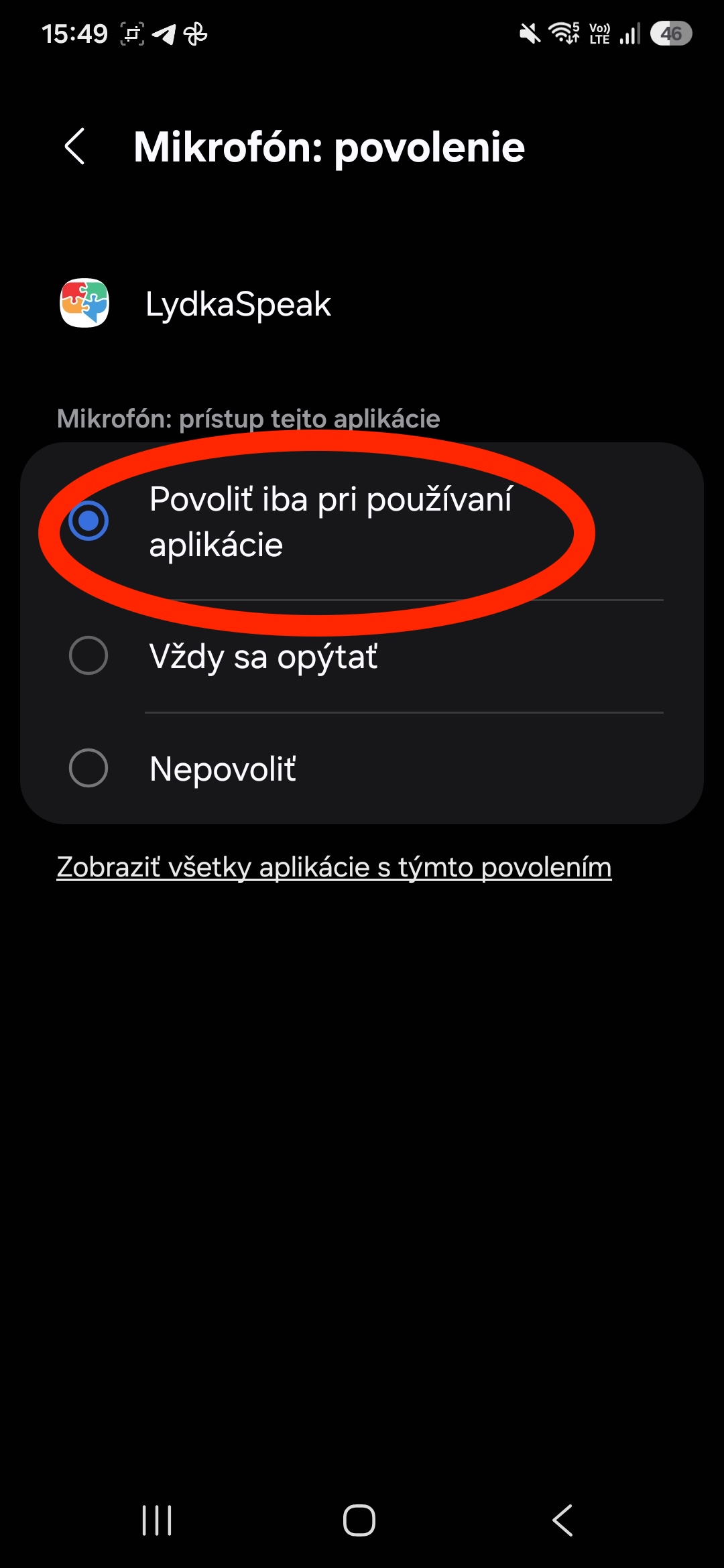 Mikrofón: povolenie — Povoliť iba pri používaní aplikácie