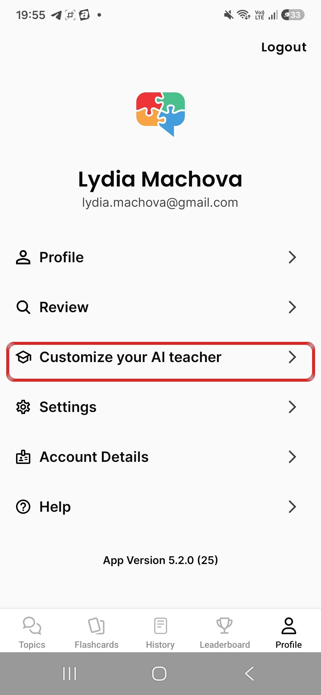 Profile obrazovka so zakrúžkovanou položkou Customize your AI teacher