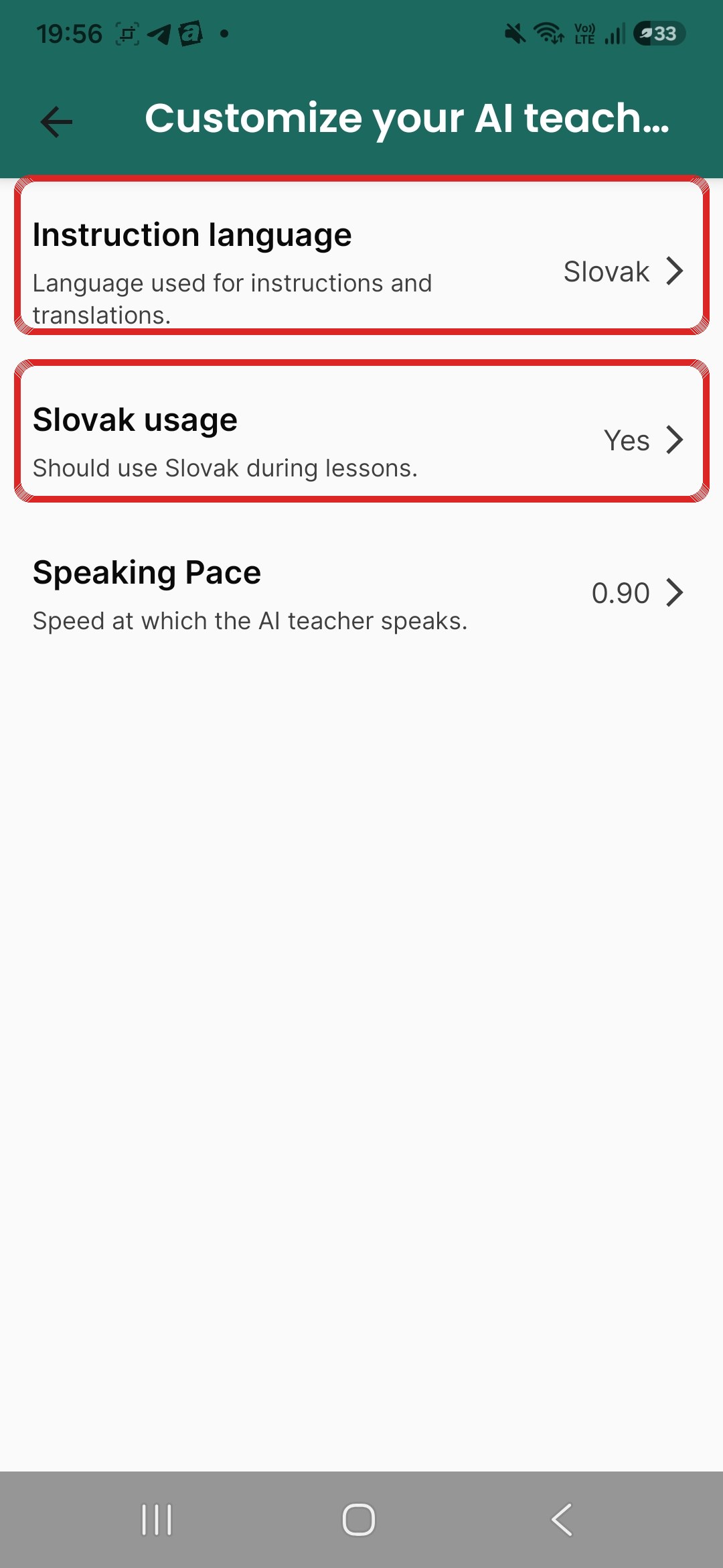 Customize your AI teacher — zakrúžkované Instruction language a Slovak usage