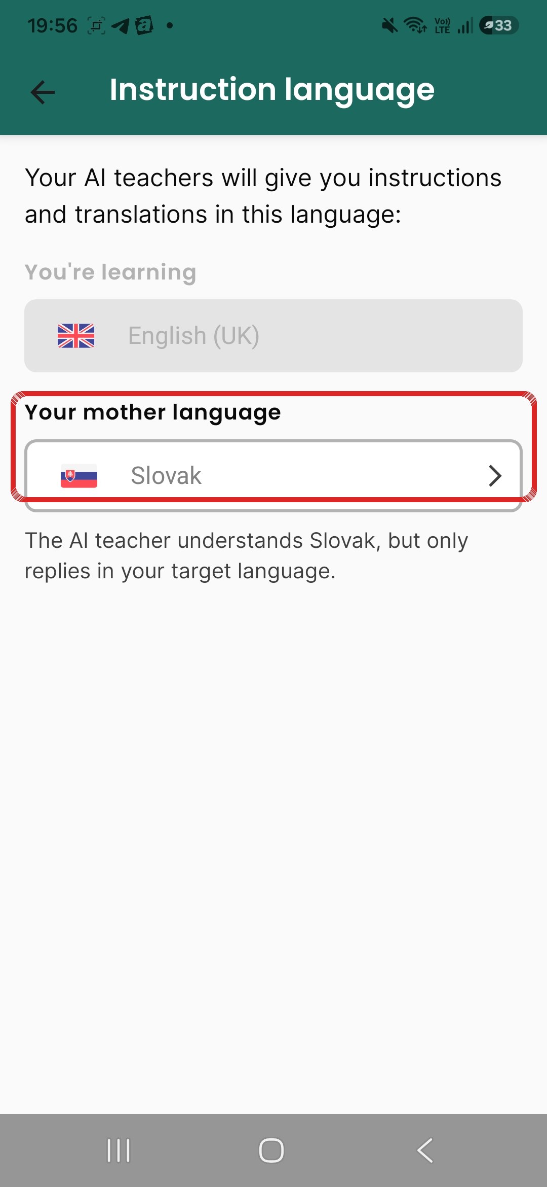 Instruction language — zakrúžkované Your mother language Slovak