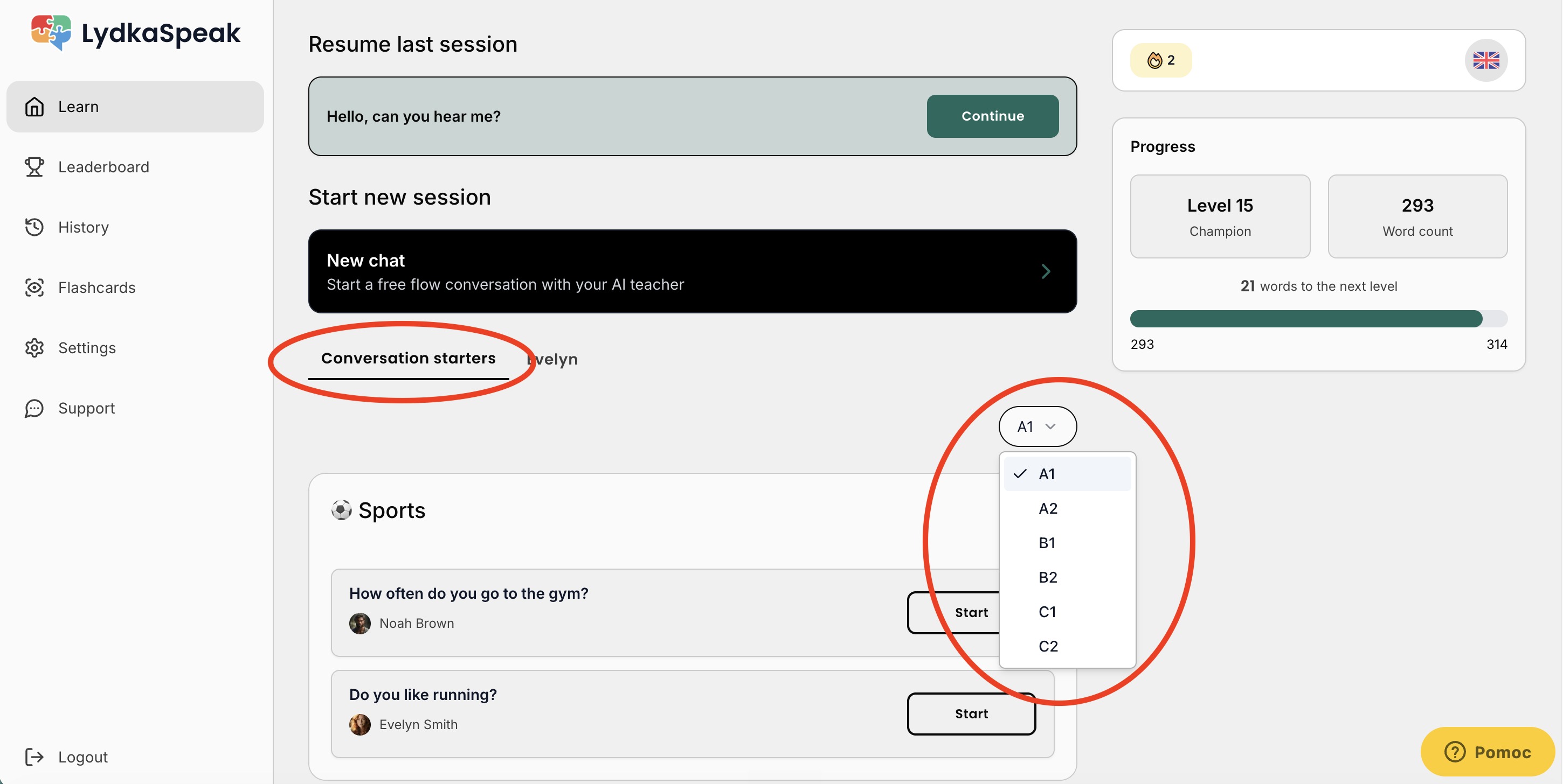 Web: záložka Conversation starters so zoznamom tém