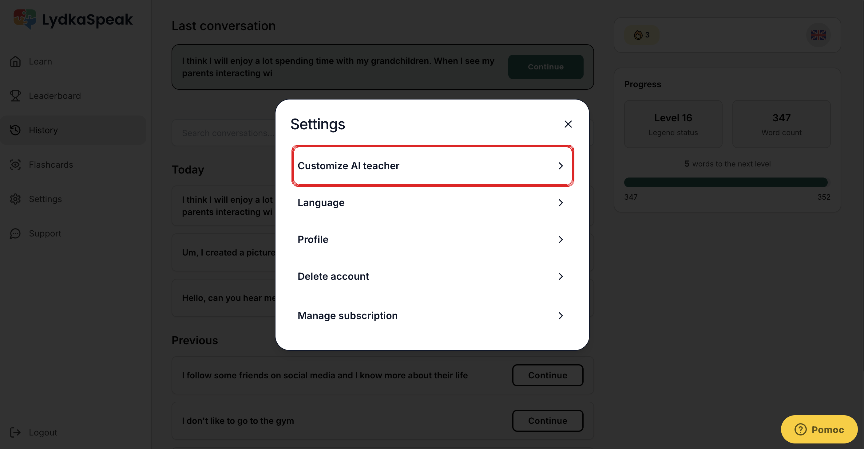 Settings modal so zakrúžkovanou položkou Customize AI teacher