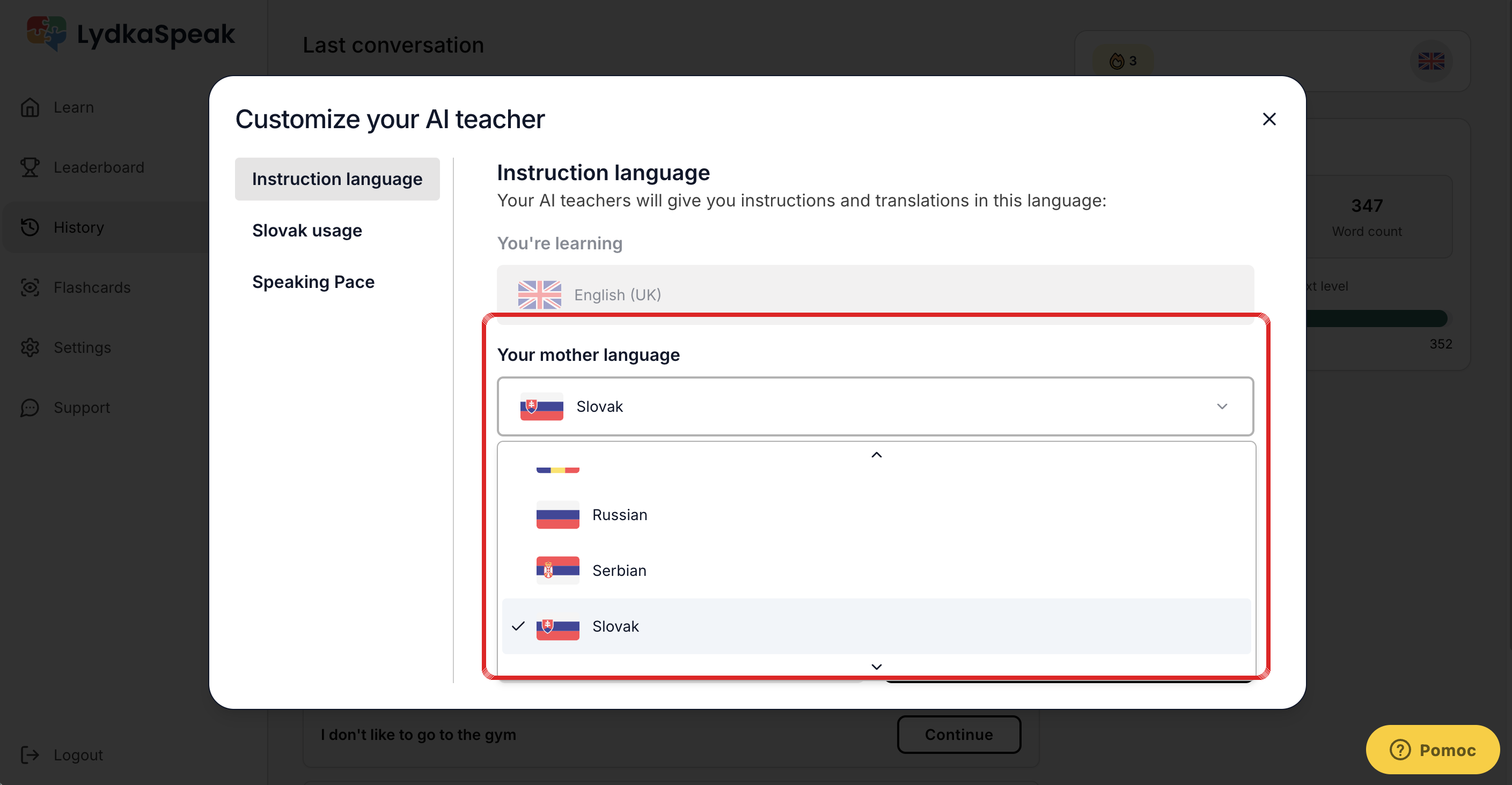 Customize your AI teacher modal — Instruction language s otvoreným výberom Your mother language (Slovak)