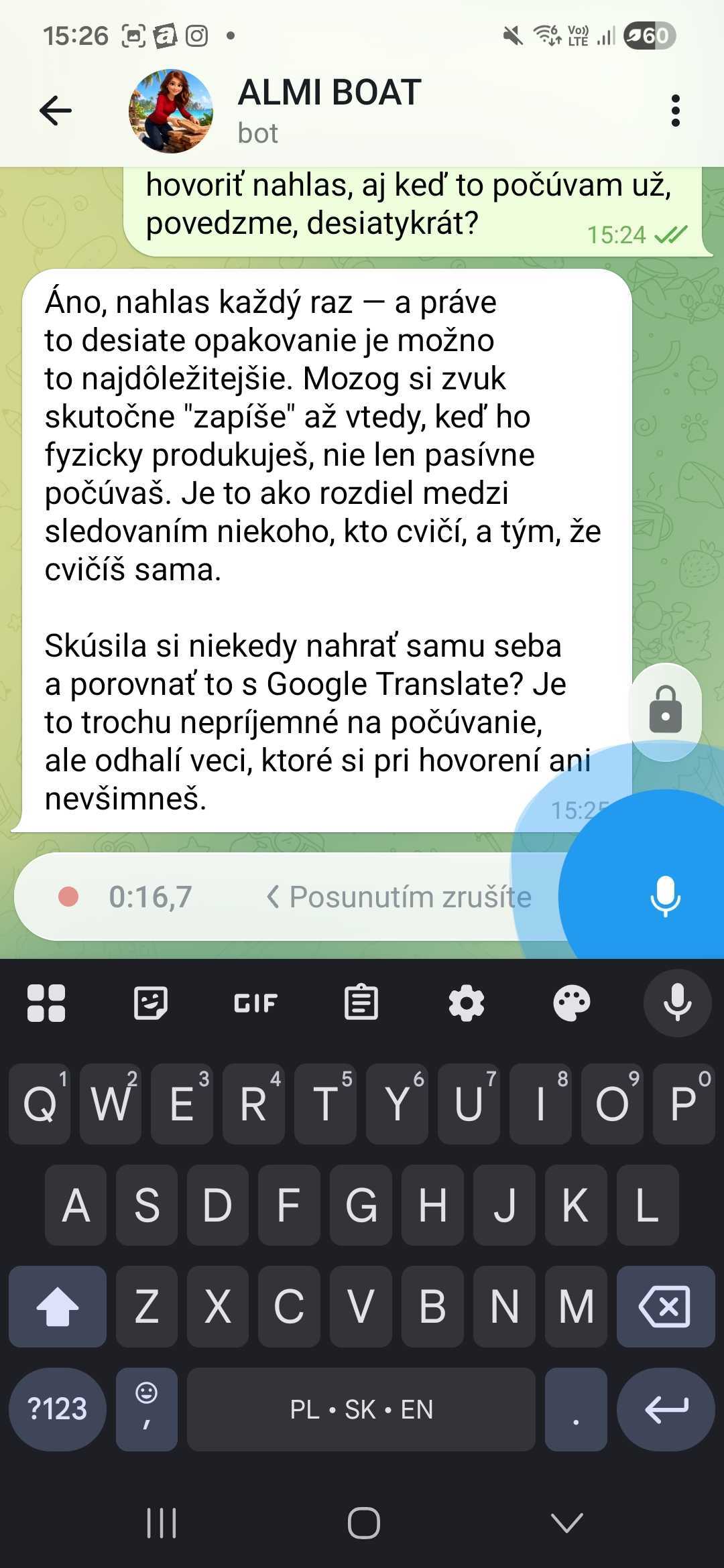Počas nahrávania — držíte mikrofón, beží časovač